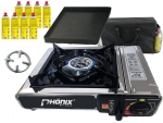 Phönix PC-20 Edelstahl Gaskocher Campingkocher + Grillplatte + 8x Gaskartuschen + Herdkreuz